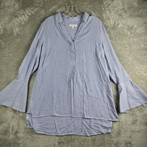 Beach Lunch Lounge Popover Top Womens Medium Blue‎ White Striped Bell Sleeve